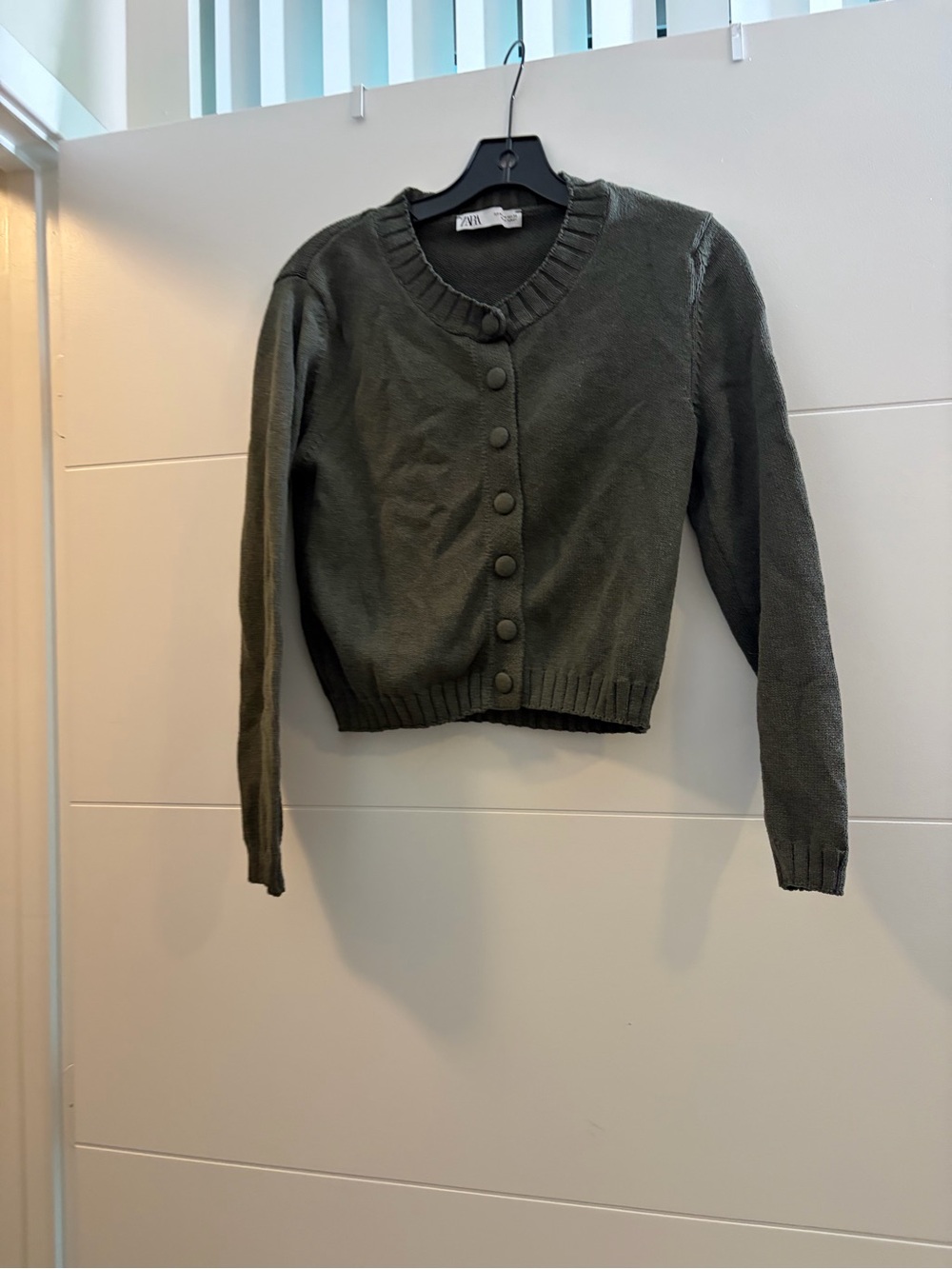 ZARA Dark Olive Cropped Button-Front Cardigan